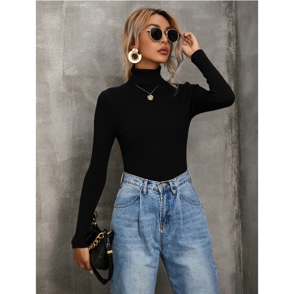 Black Rib Knit Turtle Neck Sweater Top - Picture 2 of 8